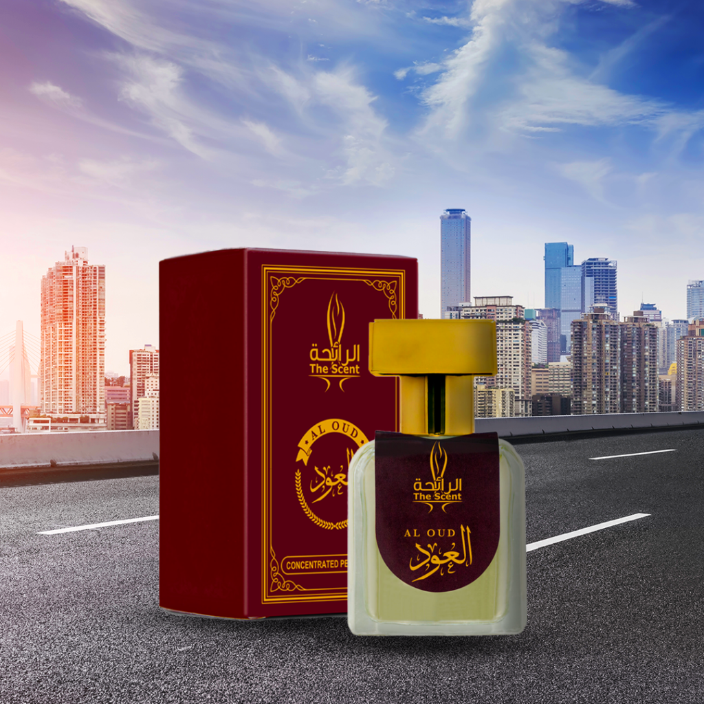 Perfume bottle with Dubai background