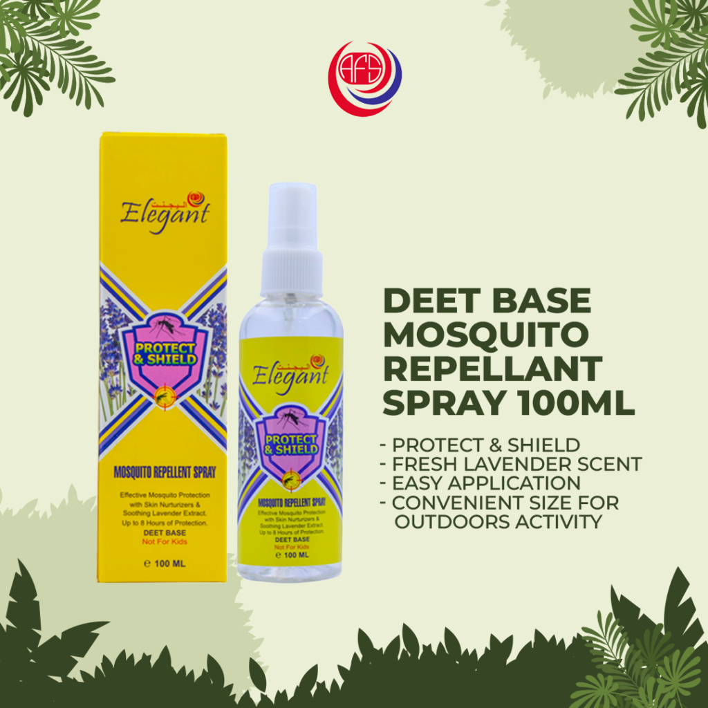 Elegant DEET-based mosquito repellent spray 100ml with protect and shield label, shown with packaging and bottle on light background
