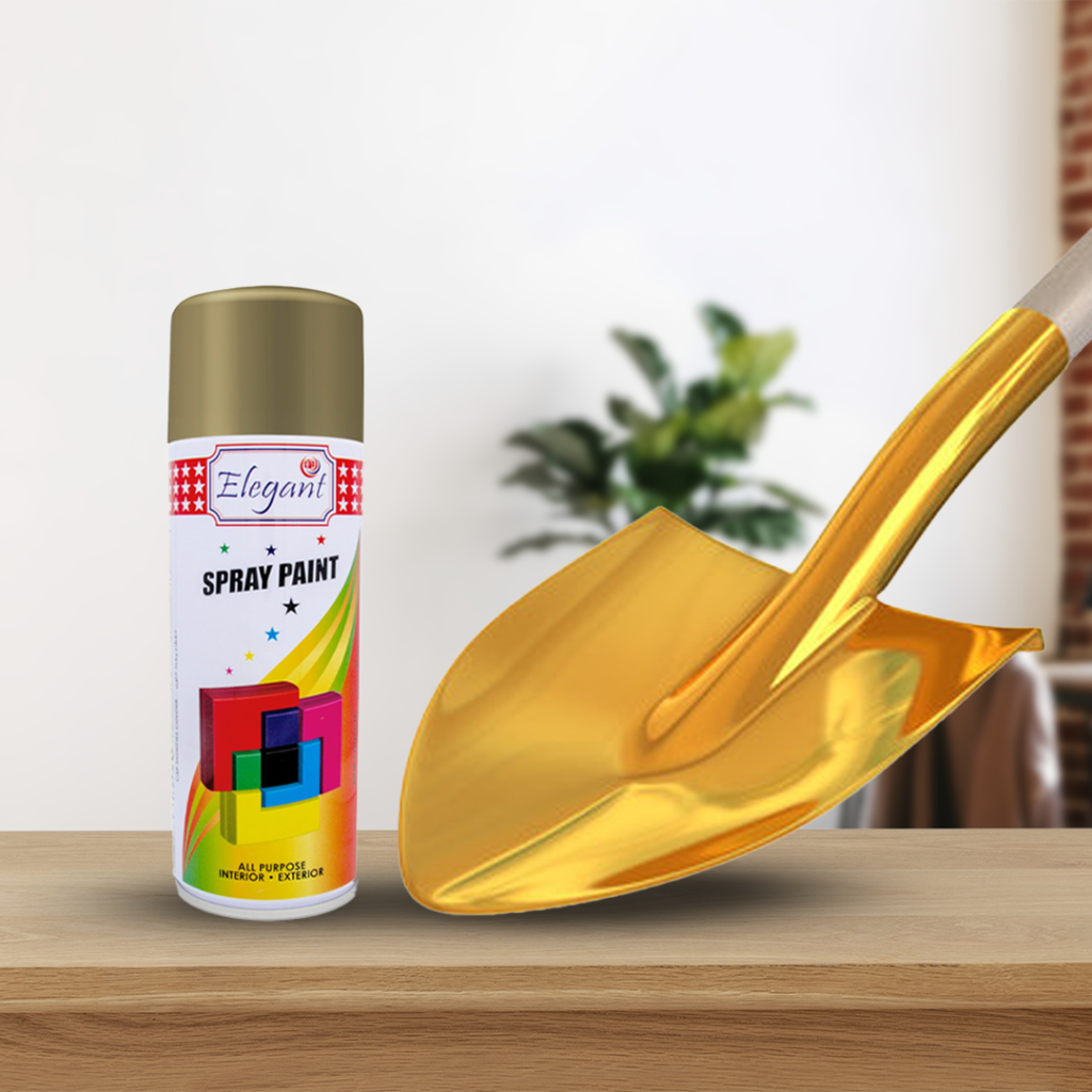 Elegant spray paint can with gold finish example, showing all-purpose paint for interior and exterior use beside a painted golden tool