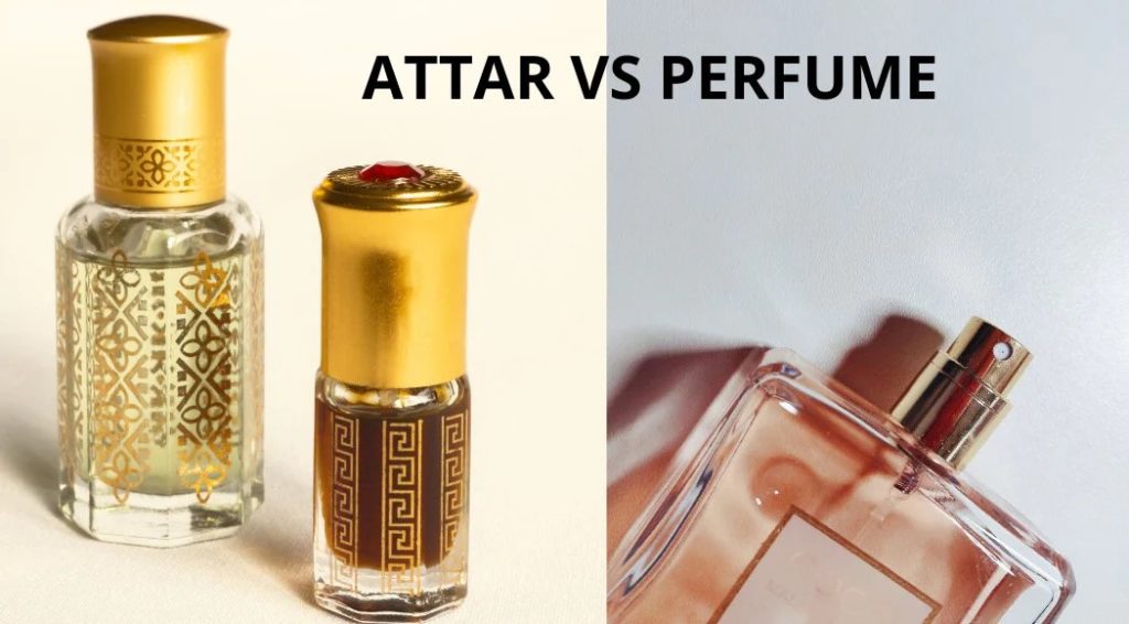 Attar vs perfume comparison showing traditional attar bottles and a modern perfume spray bottle with clear glass design