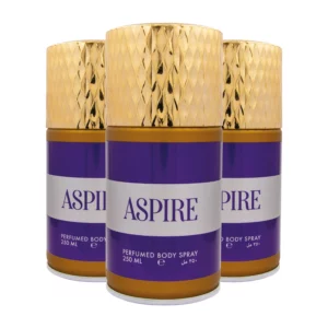 Three bottles of Aspire perfume with golden and purple colors