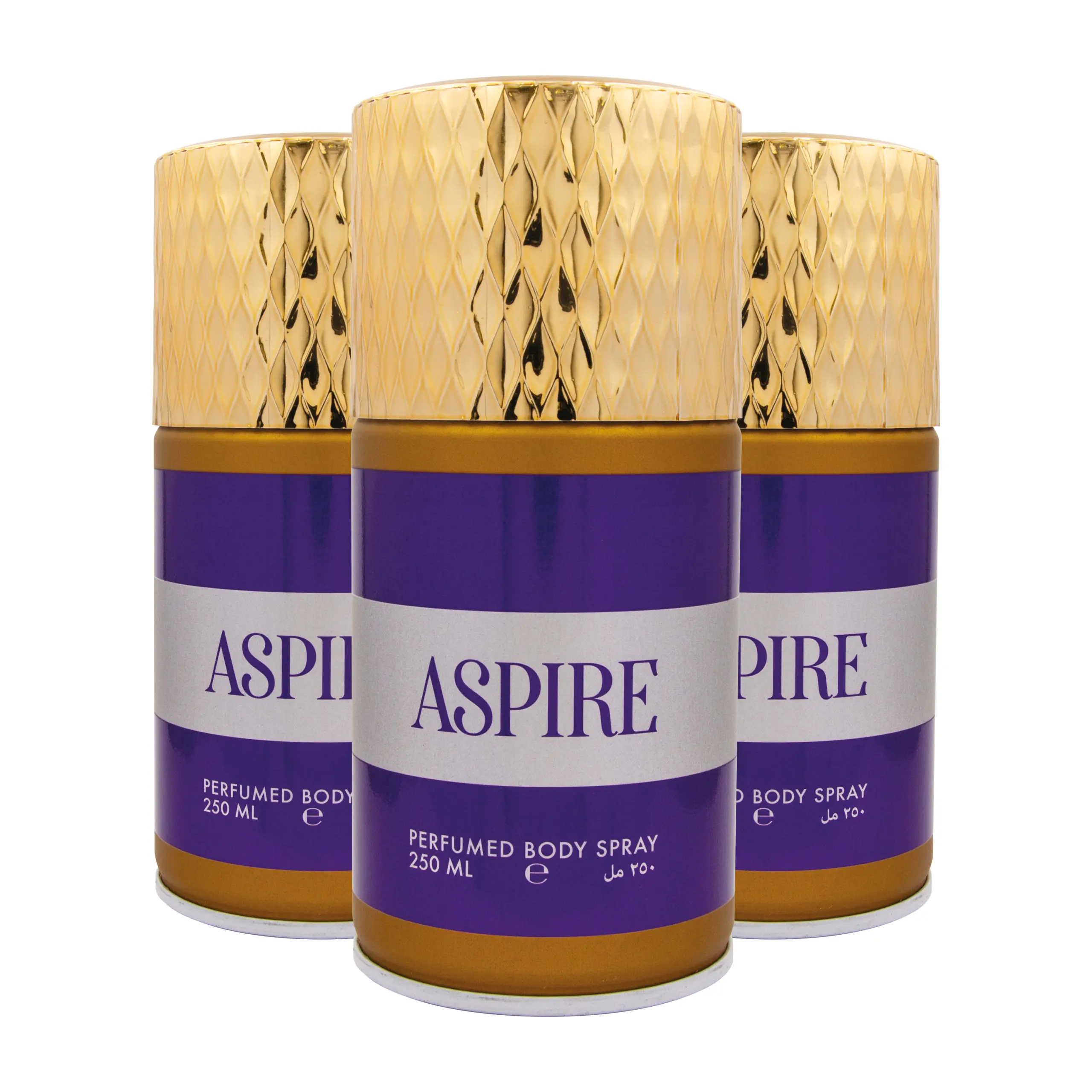 Three bottles of Aspire perfume with golden and purple colors
