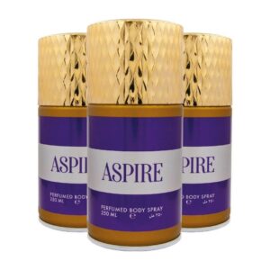 Three bottles of Aspire perfume with golden and purple colors