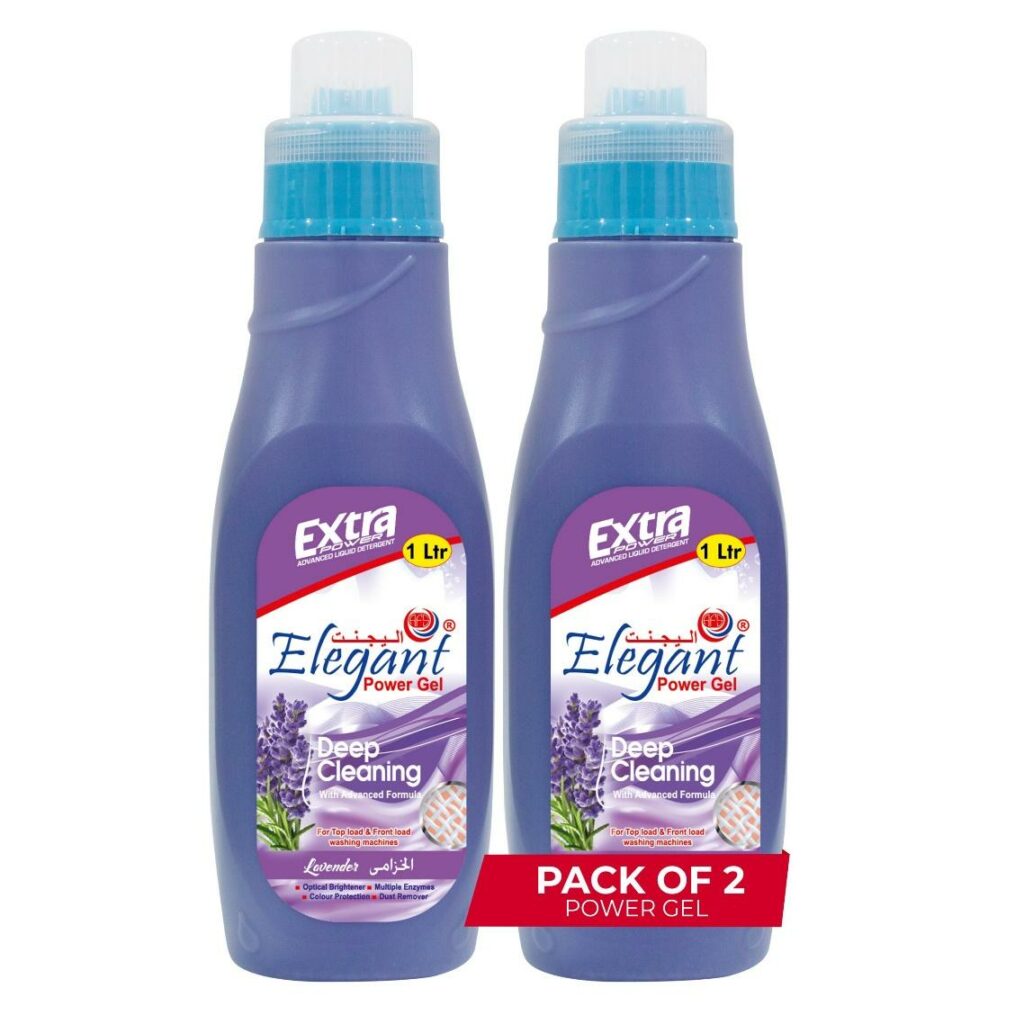 Two purple bottles of Elegant deep cleaning power gels 