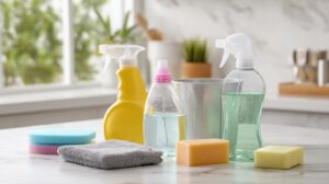 How do I select the right home cleaning products for different surfaces like glass and mirrors?