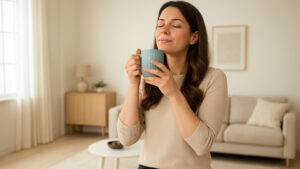 Woman enjoying pleasant aroma in cozy living room setting.